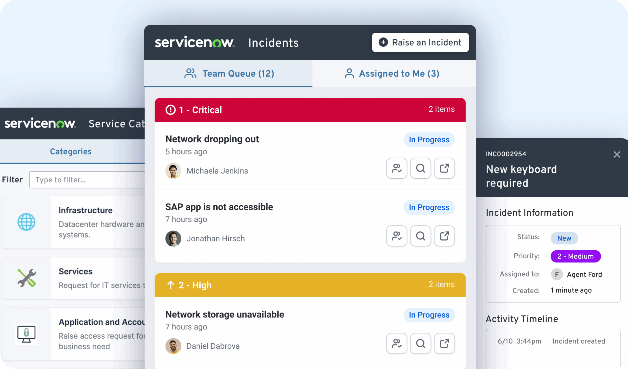 ServiceNow widget showing incident queue with priorities and incident details.